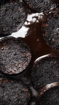 Charred food bubbling oil overcooked black rough texture kitchen culinary failure. Dark slices show dramatic textural transformation from intense searing process