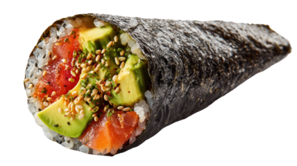 hand rolled sushi cone with rice fresh vegetables tuna wrapped in nori isolated on white background