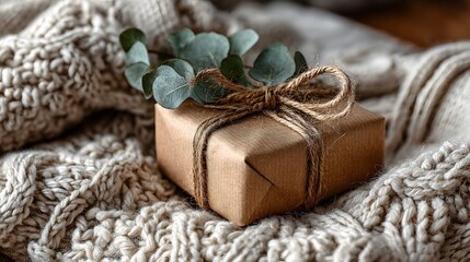 Fototapeta premium Kraft paper wrapped gift with a twine bow rests on a chunky knit beige blanket decorated with a eucalyptus branch in a cozy winter view.