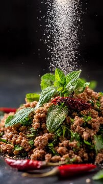 Delicious spicy minced meat salad, fresh herbs, and chili. Traditional Thai food, flavorful Asian cuisine delight with vibrant taste. Homemade preparation, sprinkle of seasoning enhances texture
