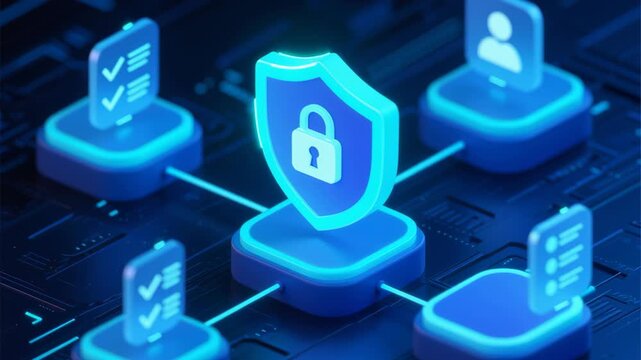 Cybersecurity shield lock icon symbolizes business compliance audit law regulation policy document validation quality assurance digital security network technology data protection management