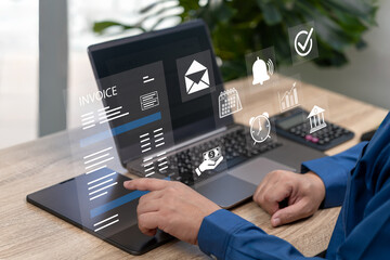 Invoice online digital statements concept, businessman reviewing invoice on tablet with automated...