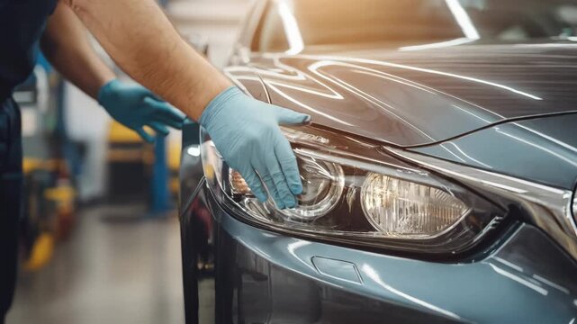 Vehicle owner prepares to replace a halogen headlight bulb during routine car maintenance in a welllit garage setting.