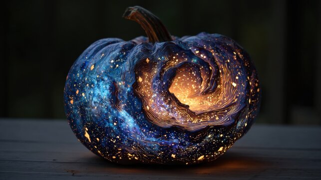 Glowing Pumpkin Carving with Cosmic Swirls and Bright Stars for Halloween Home Decoration and Festive Celebrations - Powered by Adobe