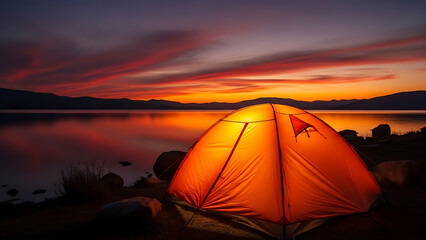 Serene Camping Tent Illuminated at Dusk with a Fiery Sunset Reflecting on a Calm Lake