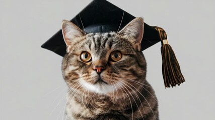 Cute feline proudly wearing graduation cap and holding diploma.