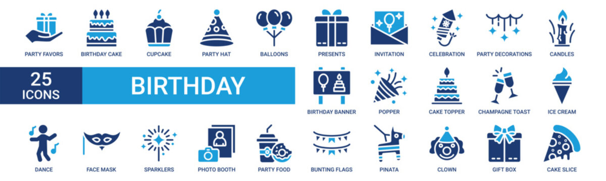 Birthday icon set. Containing party favors, birthday cake, cupcake, party hat, balloons, presents, invitation, celebration and more. Solid vector icons collection.