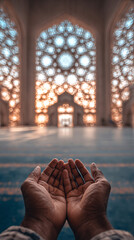 Woman in traditional Islamic dress praying in ornate mosque with decorative lights and arches