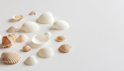 さまざまな貝殻が並ぶミニマルな背景素材 / Minimal background with an arrangement of various seashells
