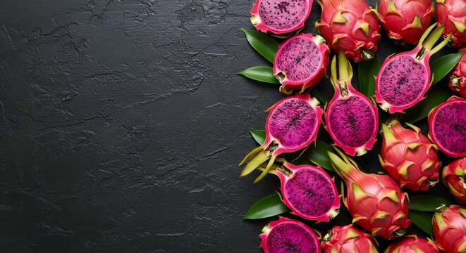 Arrangement of Sliced Red Dragon Fruit with Deep Pink Pulp and Black Seeds on Black Background, Exotic Pitaya Flat Lay with Lush Green Leaves