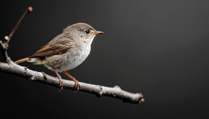 グレー背景に佇む落ち着いた色彩の小鳥のミニマル構図 / Minimal composition of a calm‑toned bird on a branch against a gray background
