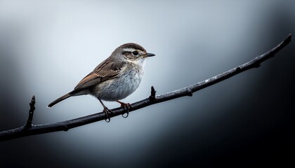 Fototapeta premium グレー背景に佇む落ち着いた色彩の小鳥のミニマル構図 / Minimal composition of a calm‑toned bird on a branch against a gray background 