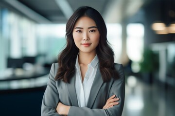 Obraz premium Asian business professional woman standing in an office, portraying leadership and success
