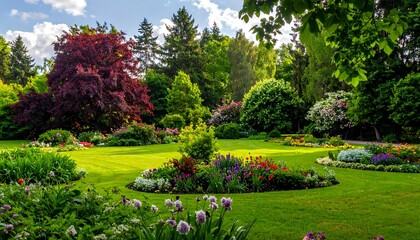 Obraz premium Lush Green Garden with Vibrant Flowers and Majestic Trees.