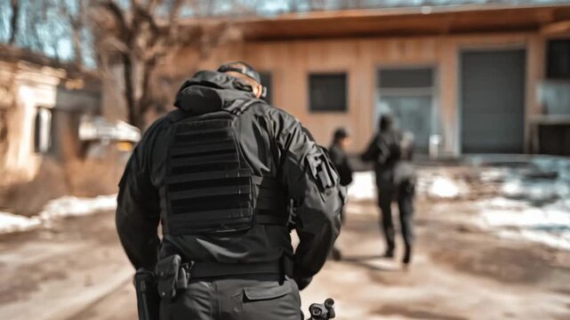 Medium shot showing a security personnel with a wearable camera operating during a repossession event ensuring transparent documentation in a tense urban environment.