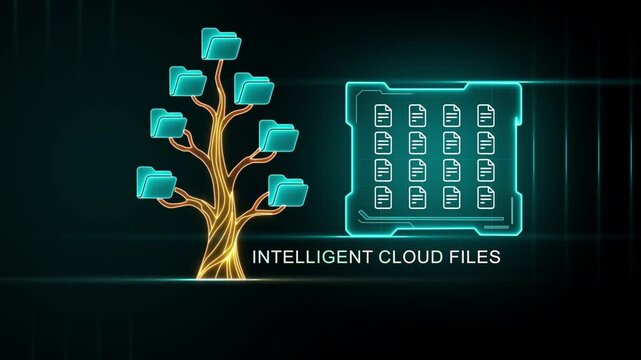 Intelligent Cloud Files Tree and Futuristic File Storage System with Neon Glow Keywords: intelligent, cloud, files, data, technology, storage, tree, futuristic, system, information, computer