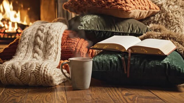 A cozy pile of thick knitted wool blankets and soft textured pillows set up on a wooden floor, implying a comfortable autumn evening story session mood, textile, reading