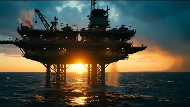 Offshore oil rig releases gas flare at sunset over ocean waves. Platform with helicopter stands in sea. Oil rig flares gas during sunset. Drilling platform operates offshore with flare burning.