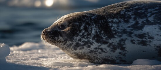 High detail wildlife photograph of a seal resting on an icy shoreline, wet glossy fur reflecting soft winter light, cold blue arctic sea
