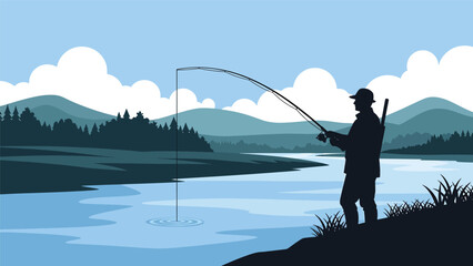 Hunter fishing calmly from a riverbank surrounded by trees and hills, flat vector illustration with solid colors and clean outlines, traditional outdoor hunting activity theme © meeblues