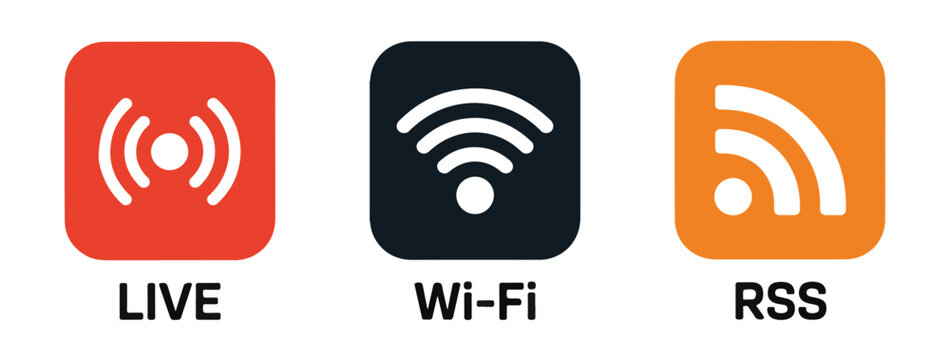 Three square application icons labeled live wifi and rss feed symbols in vibrant background colors