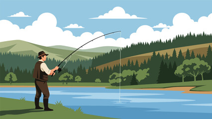 Hunter fishing calmly from a riverbank surrounded by trees and hills, flat vector illustration with solid colors and clean outlines, traditional outdoor hunting activity theme © meeblues