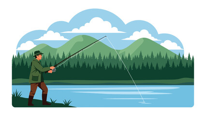 Hunter fishing calmly from a riverbank surrounded by trees and hills, flat vector illustration with solid colors and clean outlines, traditional outdoor hunting activity theme © meeblues