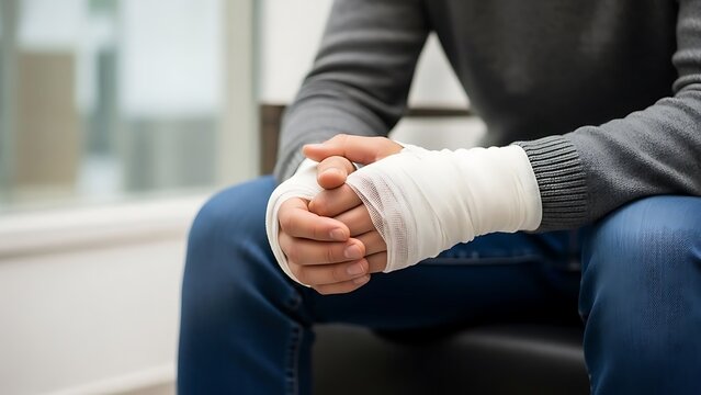 Person sitting with bandaged hand on their lap in a clinical setting