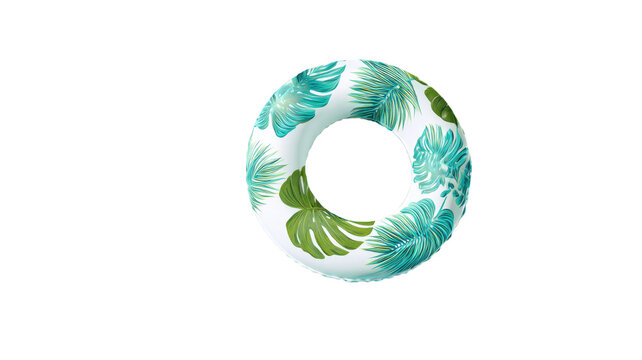tropical inflatable swim ring with green palm leaves summer pool accessory isolated on white background