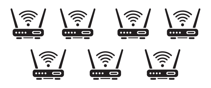 Wireless internet modem router symbol black icon set isolated on white background digital connection technology signs