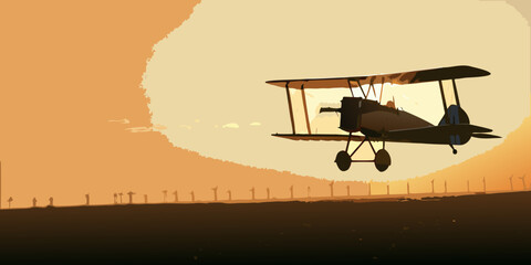 Vintage biplane silhouetted against a vibrant sunset over a distant landscape © Piku