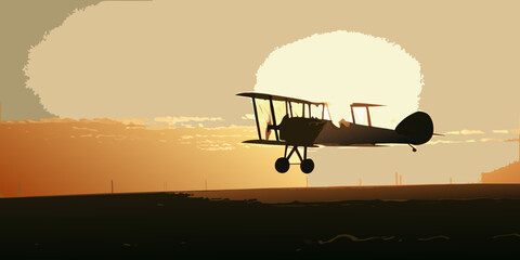 A vintage biplane silhouetted against a vibrant sunset and cloudy sky © Piku