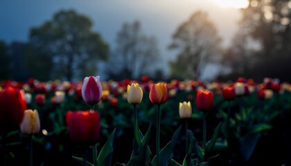 マジックアワーの公園に咲くチューリップと木のシルエット / Tulips and Tree Silhouettes in a Park at Magic Hour
