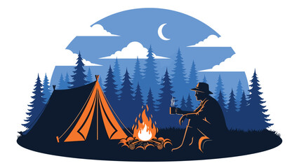 Hunter relaxing at a campsite after a day in the wilderness, tent and campfire in forest setting, flat vector illustration with solid colors for outdoor hunting lifestyle themes © meeblues