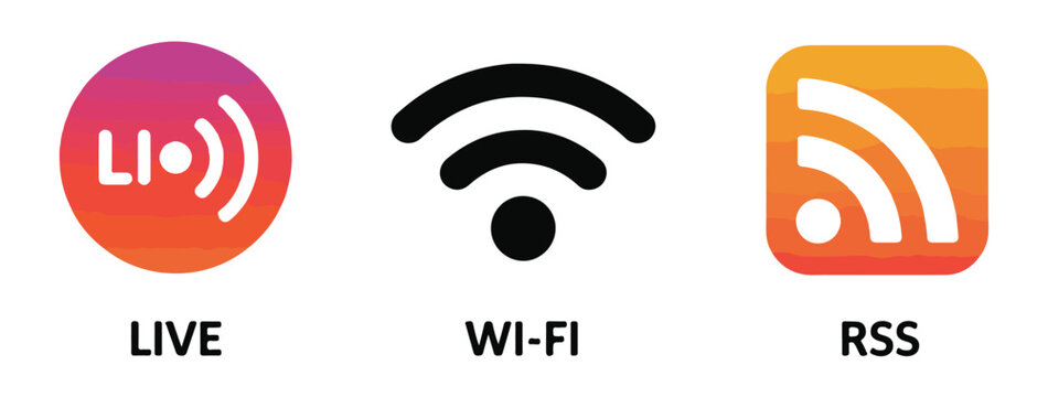 Set of broadcast icons featuring live streaming wifi and rss symbols in colorful circular and square designs for web