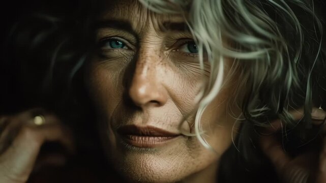 Close-up portrait of mature woman with expressive eyes and gray hair
