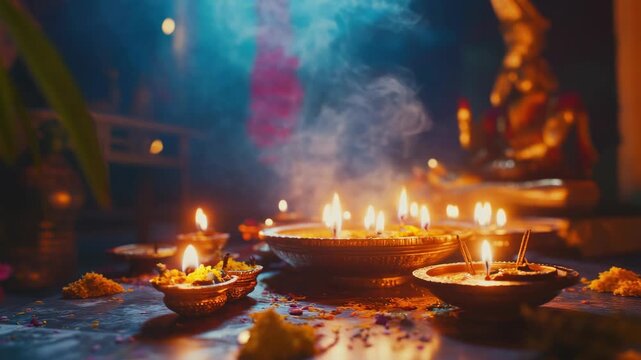 A vibrant temple ceremony featuring lit candles, traditional offerings, and devotional practices at a Hindu temple.