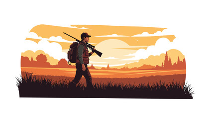 Hunter walking through tall grass at sunset carrying gear, peaceful rural landscape, flat vector illustration with solid colors for outdoor hunting and travel concepts