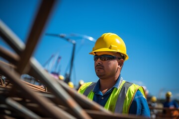 Construction worker in hard hat and safety vest looking focused at an active site
