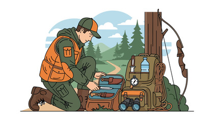 Hunter preparing equipment before heading into the wilderness, organized gear and forest trail background, flat vector illustration with solid colors for hunting preparation themes