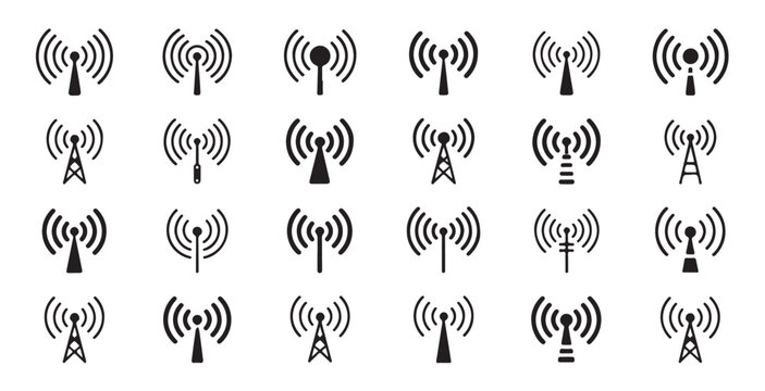 Black and white radio antenna icons collection showcasing various transmitter designs for wireless signal broadcast