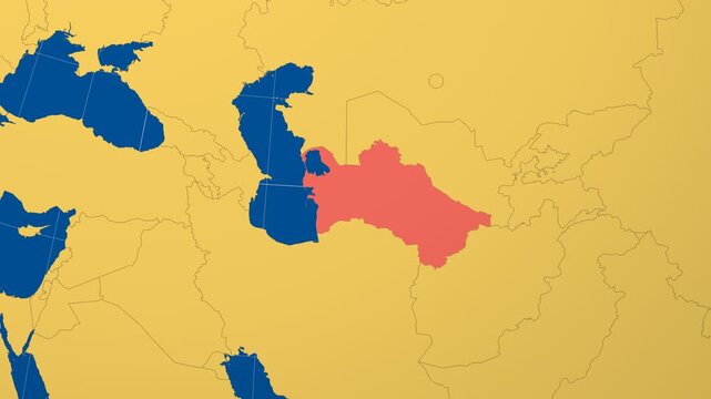 Turkmenistan on Globe. Animated zoom into the country in Ocean Blue Golden Yellow color palette. Turkmenistan logo animation. Map with meridians, parallels. Artistic video.
