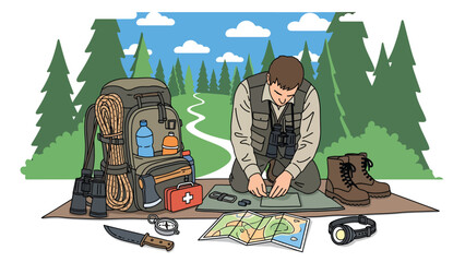 Hunter preparing equipment before heading into the wilderness, organized gear and forest trail background, flat vector illustration with solid colors for hunting preparation themes © meeblues