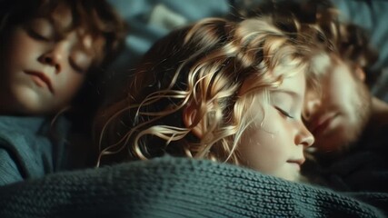 Peaceful children sleeping under cozy blanket in warm bedroom