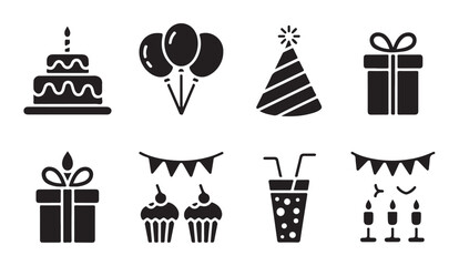 Collection of birthday celebration icons featuring cake, balloons, party hat, gifts, cupcakes, and candles