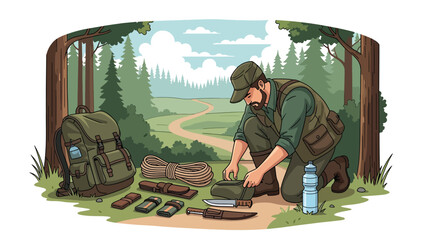 Hunter preparing equipment before heading into the wilderness, organized gear and forest trail background, flat vector illustration with solid colors for hunting preparation themes © meeblues