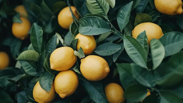 Lemon tree branches with ripe lemons hanging on them.