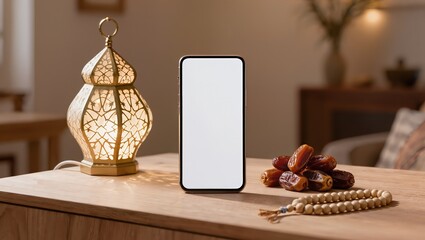 Blank smartphone mockup and dried dates placed beside a glowing traditional Ramadan lantern on a wooden table with warm, intimate golden light.
