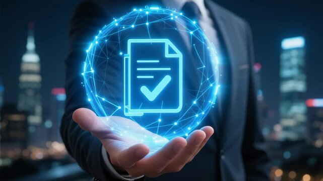 Audit business compliance rules law regulation policy document validation quality assurance concept glowing hologram icon checkmark hand city night background suit professional integration