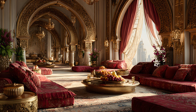 Elegant Arabic majlis interior features ornate archways, plush floor seating with intricate red cushions, golden decorative accents. Low coffee table holds bowl of fruits in spacious, well-lit room.